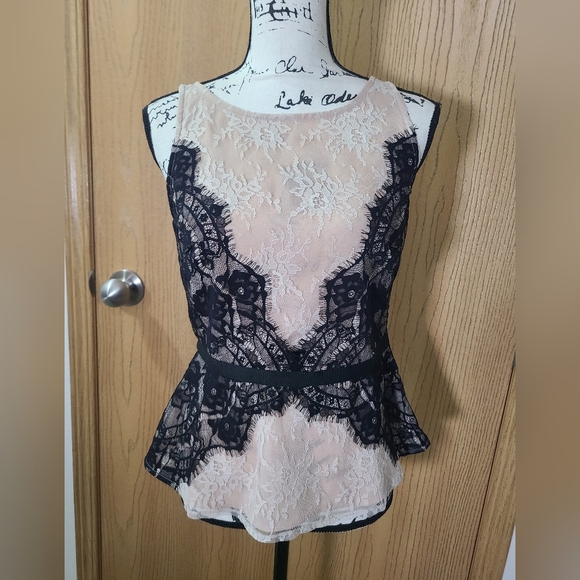Loft Black Nude Lace Peplum Bow Back Tank Top - Picture 1 of 3